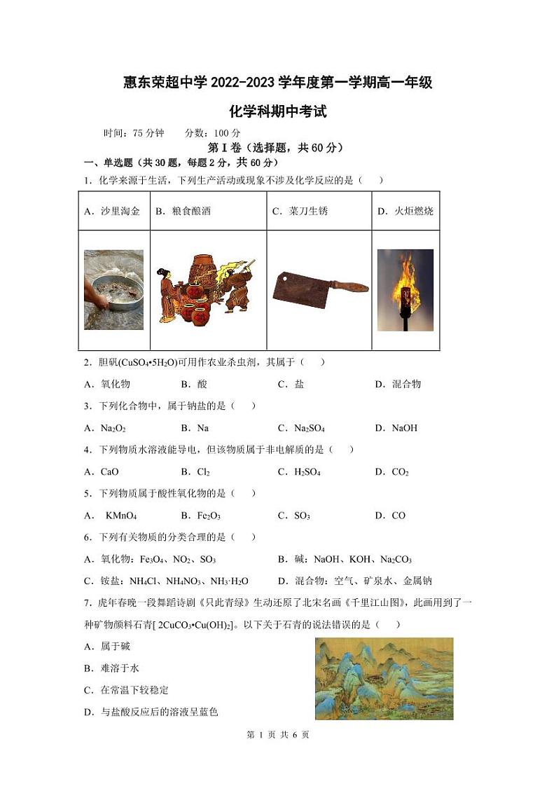 49，广东省惠州市惠东县惠东荣超中学2022-2023学年高一上学期期中考试化学试题01