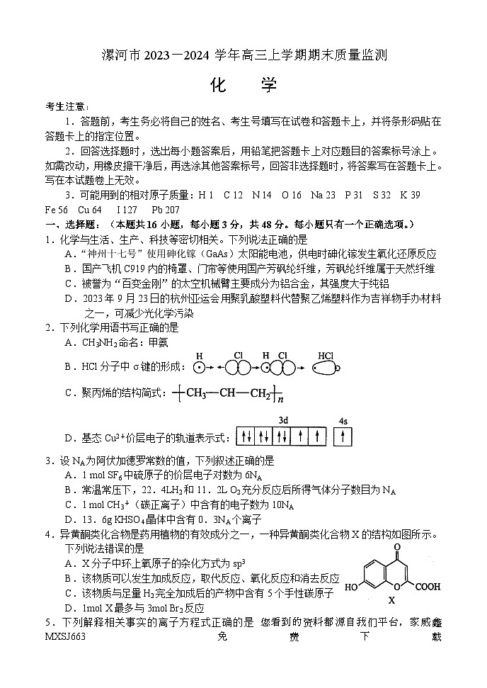 54，河南省漯河市2023-2024学年高三上学期期末质量监测化学试题(1)第1页