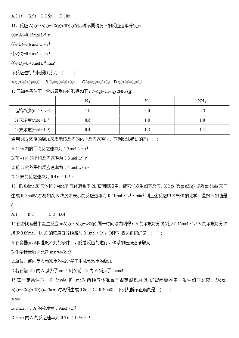 2.1 化学反应速率 第一课时 化学反应速率 基础练习 人教版（2019）高中化学选择性必修一第2页