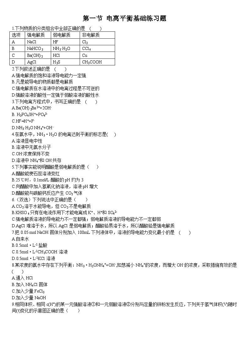 3.1 电离平衡 第一课时 电离平衡 基础练习人教版（2019）高中化学选择性必修一第1页