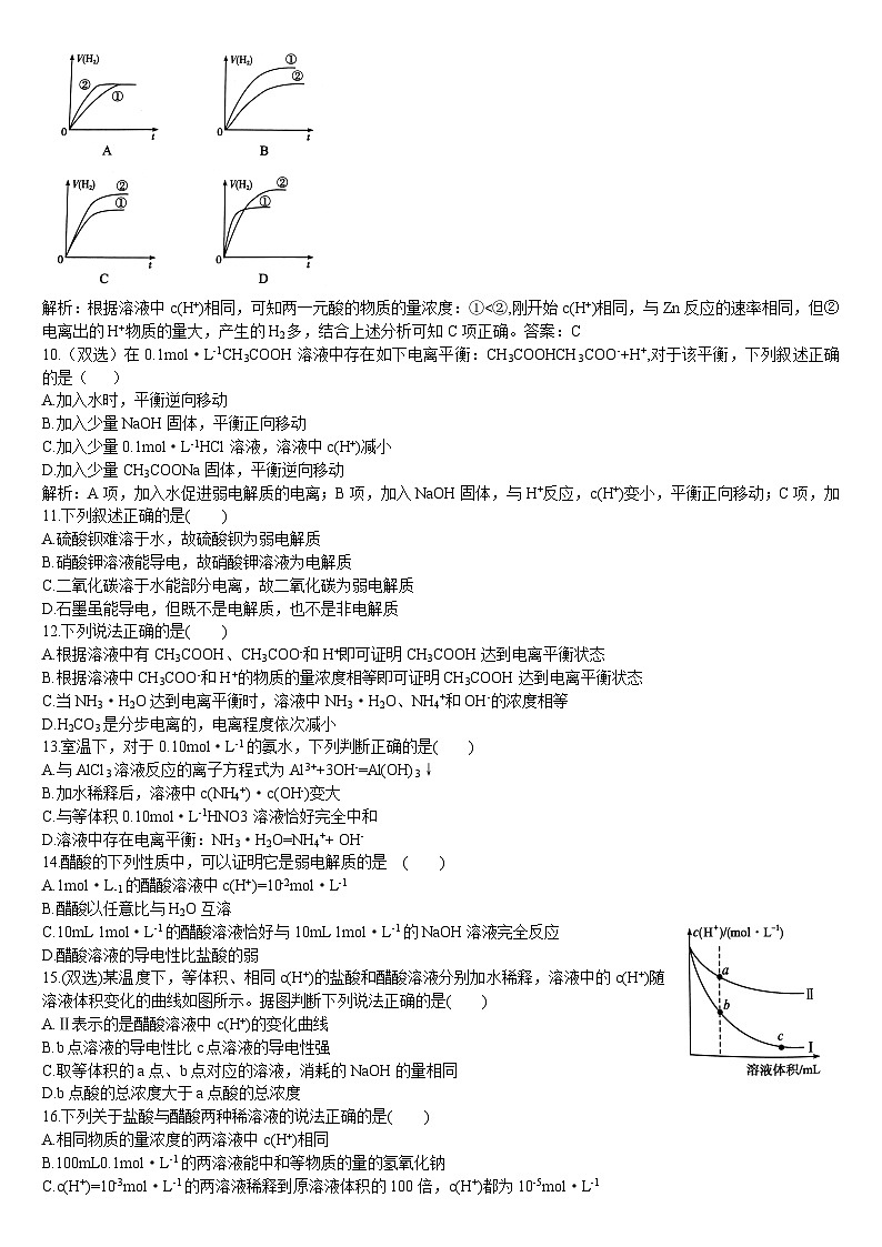 3.1 电离平衡 第一课时 电离平衡 基础练习人教版（2019）高中化学选择性必修一第2页
