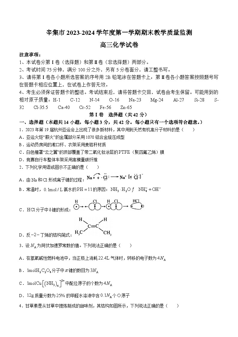 河北省石家庄市辛集市2023-2024学年高三上学期2月期末考试化学试题第1页