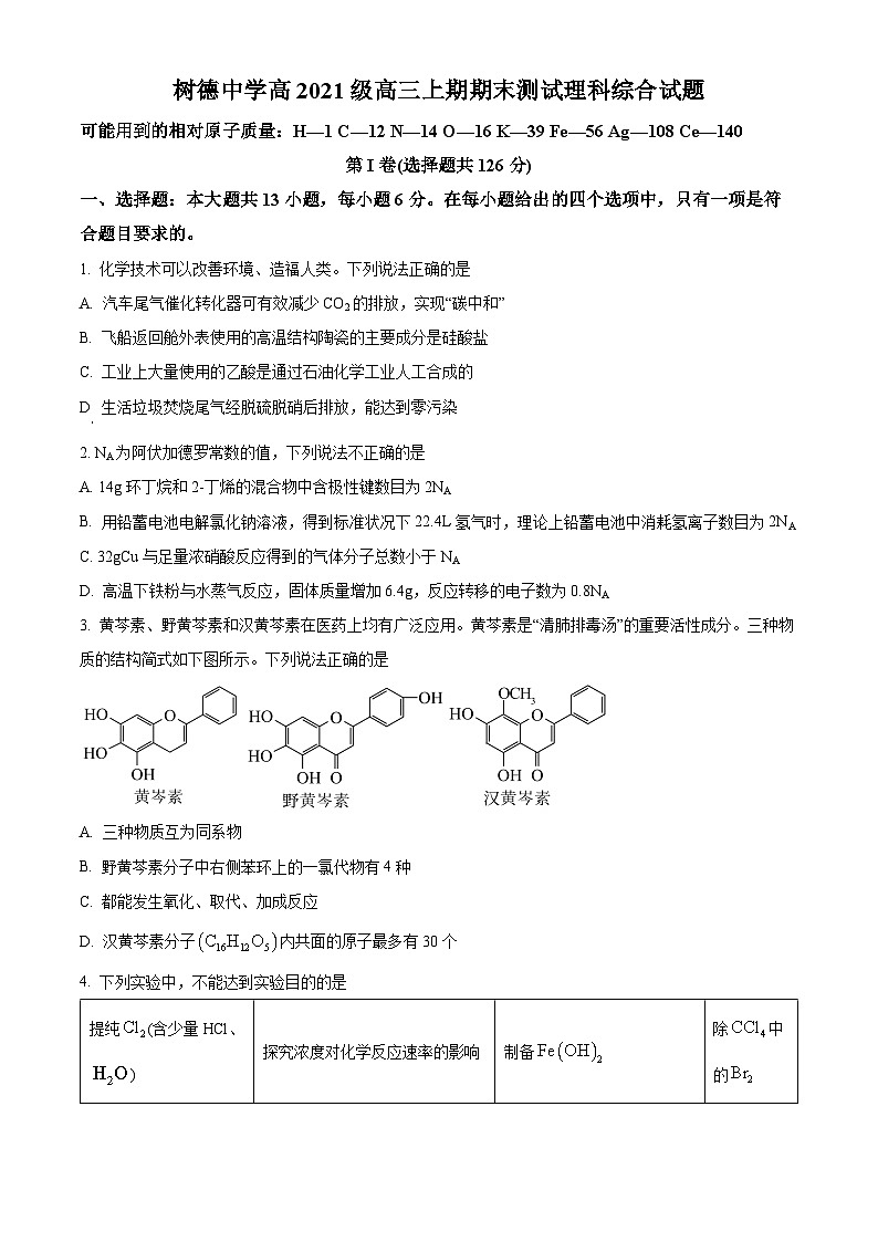 四川省成都市树德中学2023-2024学年高三上学期期末考试理科综合化学试卷（Word版附解析）01