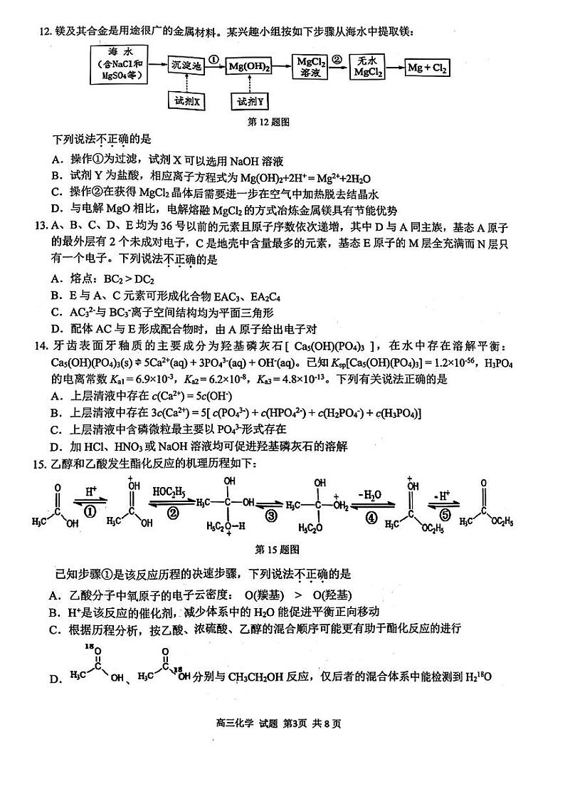 浙江七彩阳光新高考研究联盟2024届高三下学期返校考化学试题+答案03