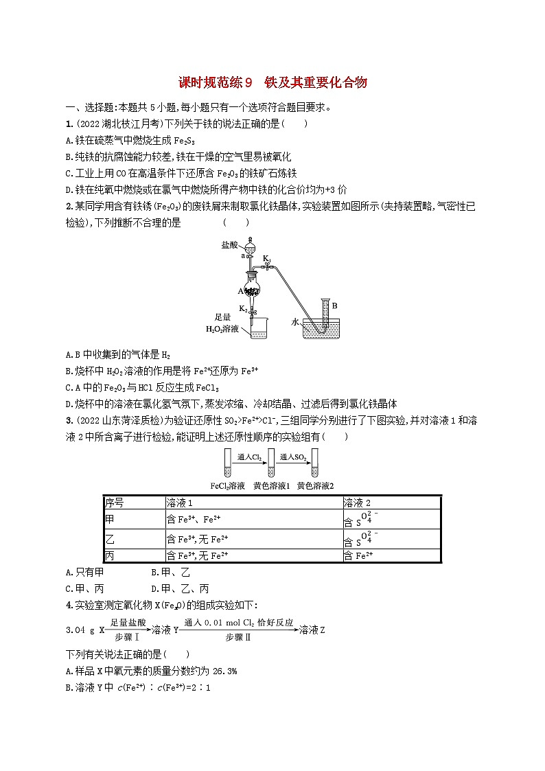 适用于新高考新教材广西专版2024届高考化学一轮总复习第三章金属及其化合物课时规范练9铁及其重要化合物第1页