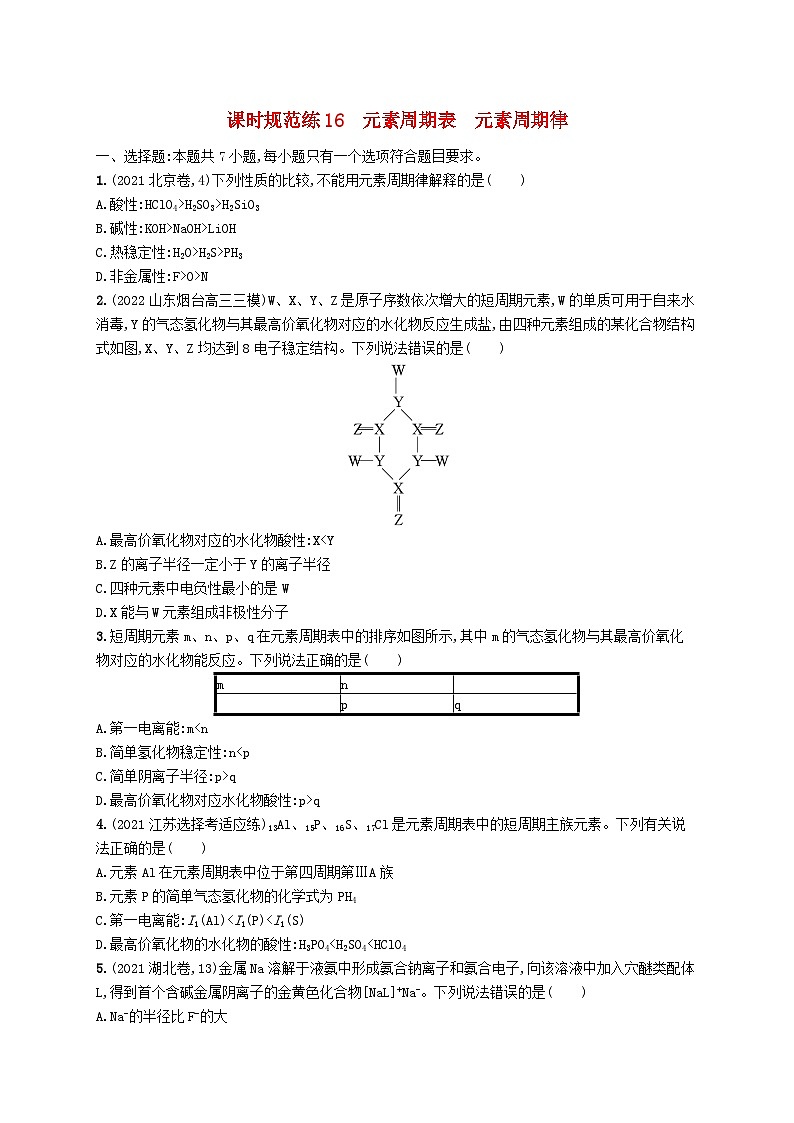 适用于新高考新教材广西专版2024届高考化学一轮总复习第五章物质结构与性质元素周期律课时规范练16元素周期表元素周期律01