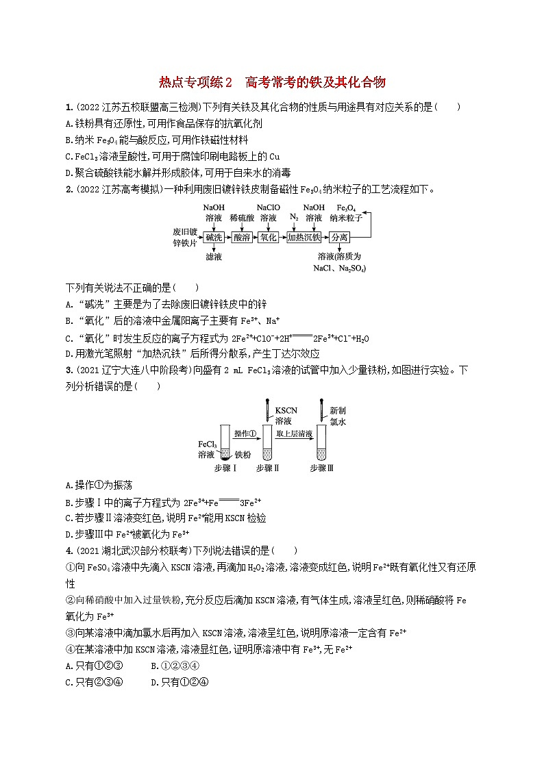 适用于新高考新教材广西专版2024届高考化学一轮总复习热点专项练2高考常考的铁及其化合物第1页