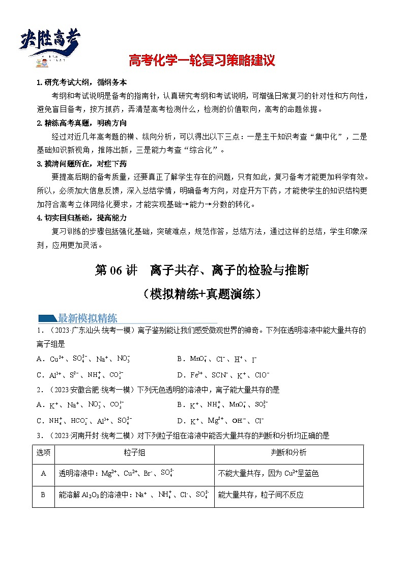 最新高考化学一轮复习【讲通练透】 第06讲 离子共存、离子的检验与推断（练透）01
