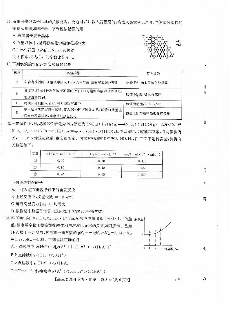 九师联盟2023-2024学年下学期高三2月开学考试 化学第3页