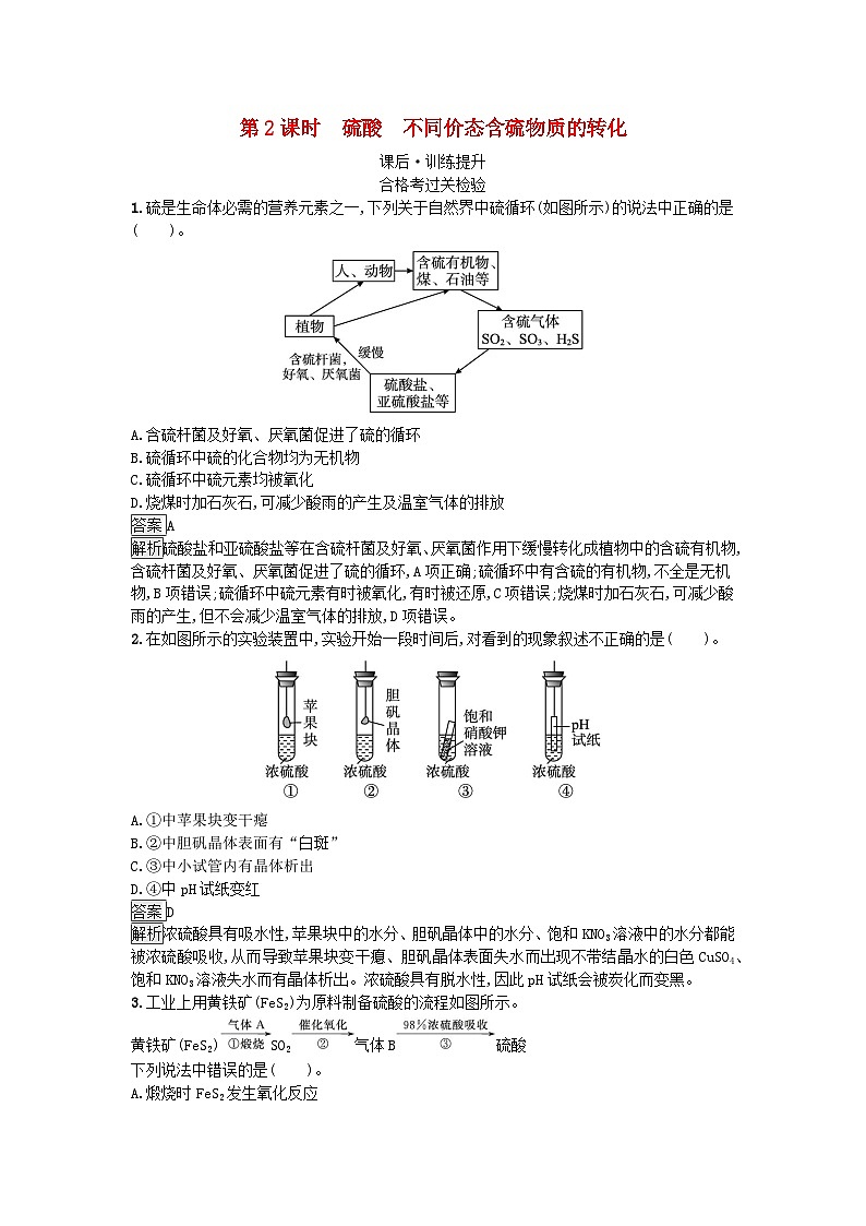 2024春高中化学第5章化工生产中的重要非金属元素第1节硫及其化合物第2课时硫酸不同价态含硫物质的转化课后训练（人教版必修第二册）第1页