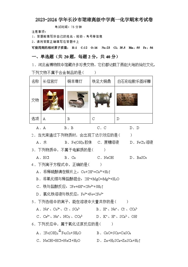 2023-2024学年长沙市珺琟高级中学高一化学期末考试卷 第1页