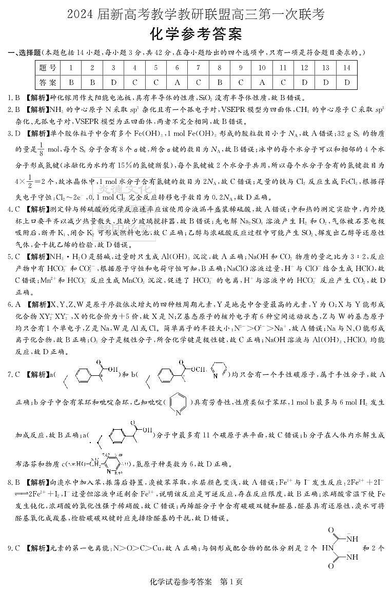湖南省新高考教学教研联盟2024届高三下学期第一次联考化学试卷（PDF版附解析）01
