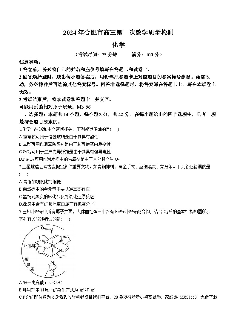 83， 安徽省合肥市第一中学2023-2024学年高三下学期第一次教学质量检测化学试题01
