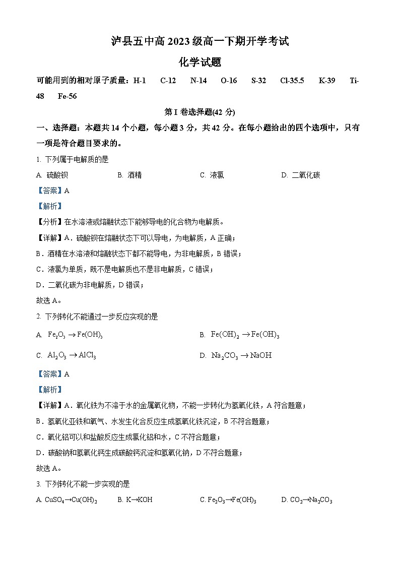 四川省泸州市泸县五中2023-2024学年高一下学期开学化学试题 Word版含解析第1页