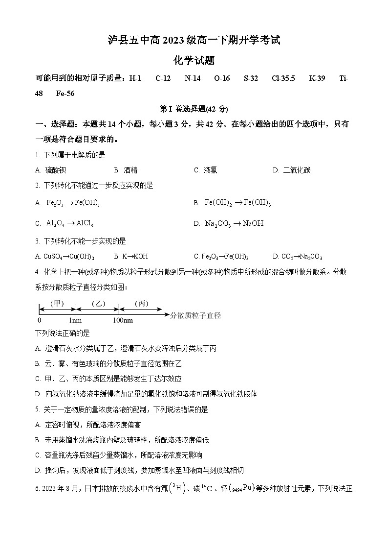 四川省泸州市泸县五中2023-2024学年高一下学期开学化学试题（原卷版）第1页