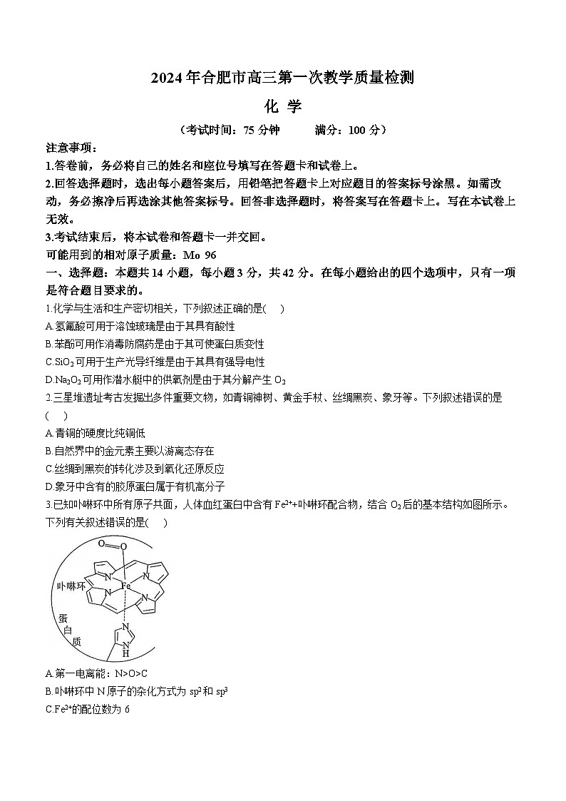 安徽省合肥市2023-2024学年高三下学期一模考试化学试卷（Word版附答案）01