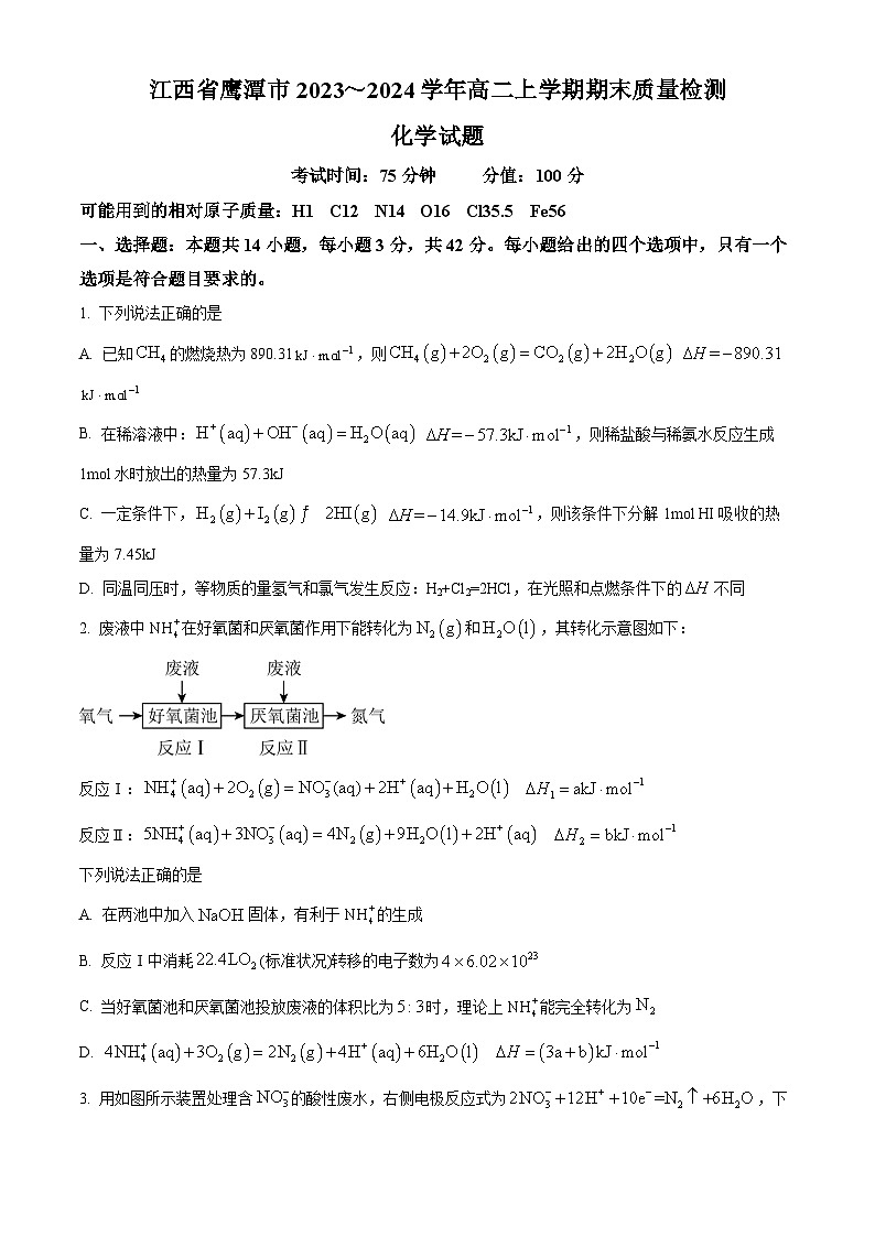 江西省鹰潭市2023-2024学年高二上学期1月期末考试化学试题（Word版附解析）01