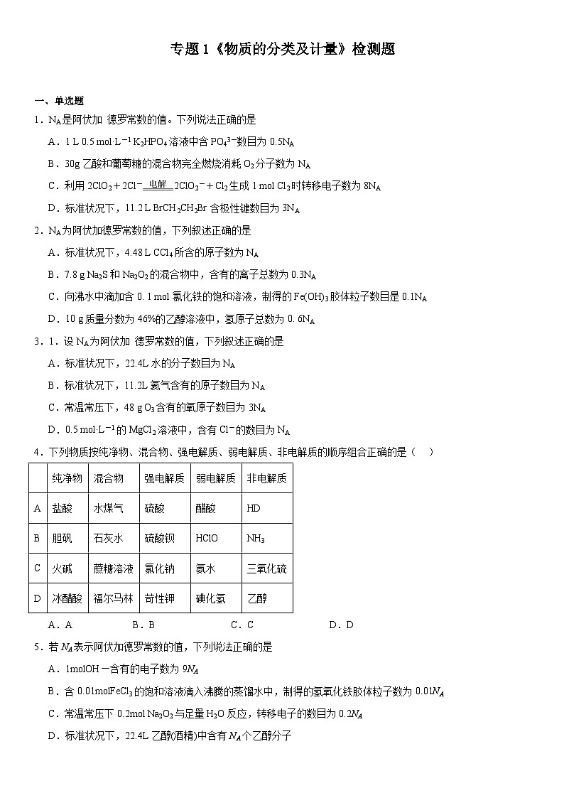 专题1《物质的分类及计量》检测题2023-2024学年上学期苏教版（2019）高一化学必修第一册01