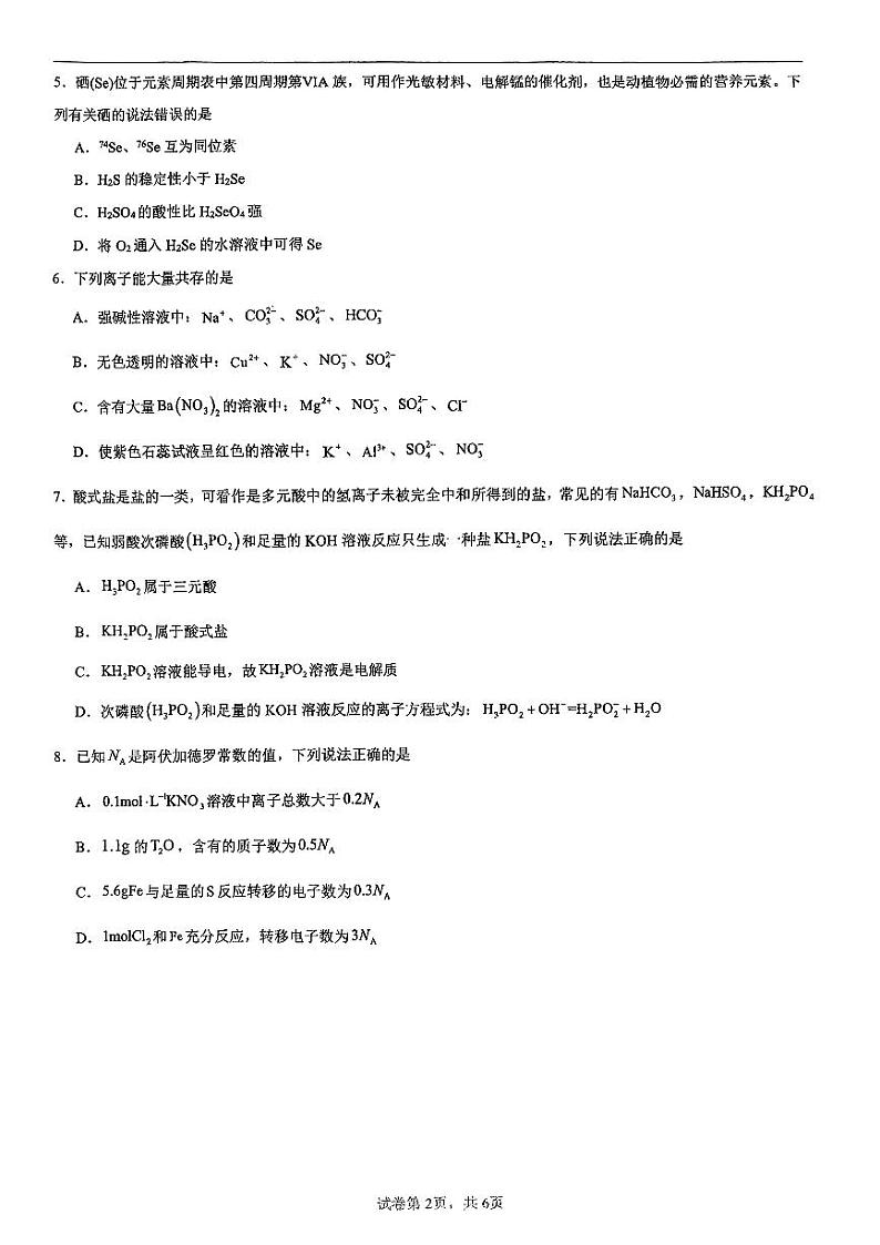 海南省海口市海南中学2023-2024学年高一下学期开学化学试题第2页