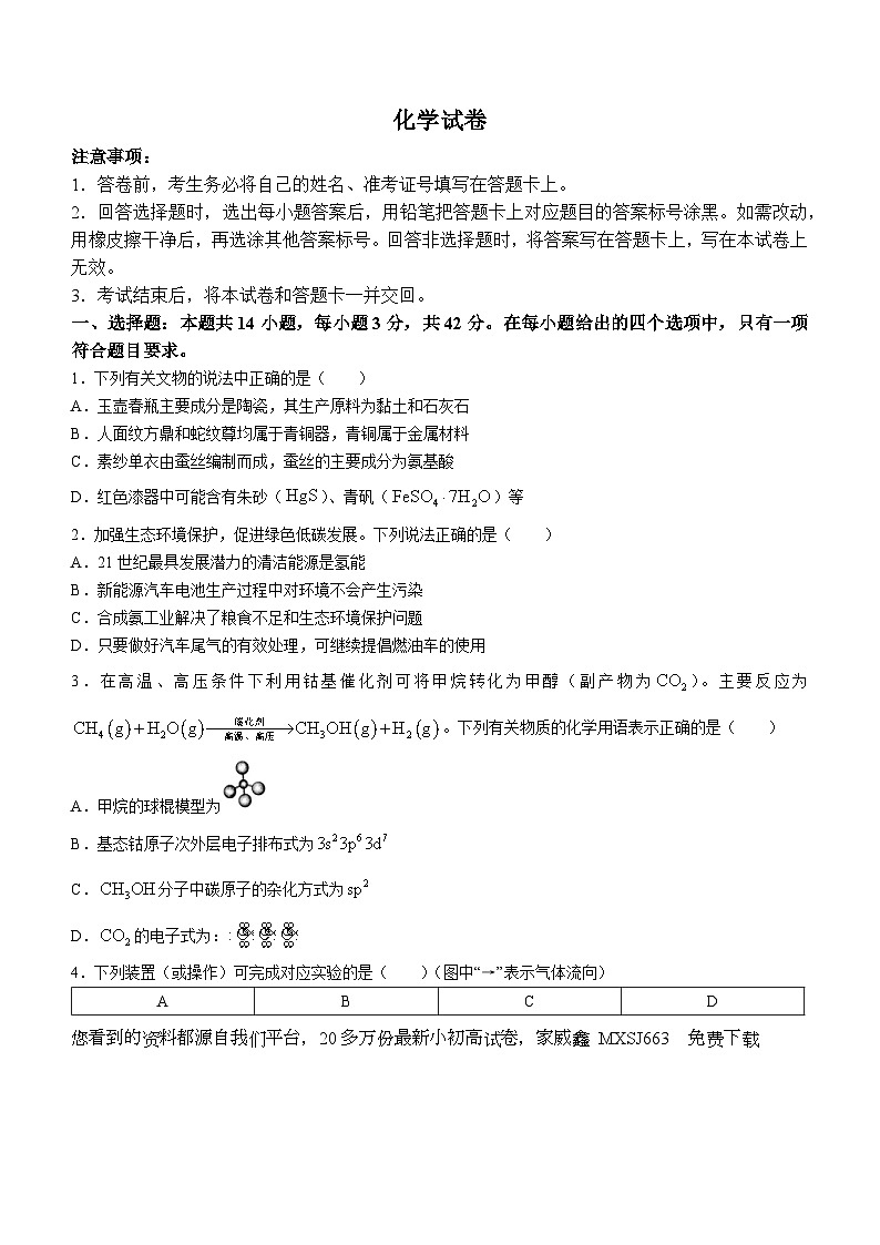86，甘肃省张掖市某重点校2023-2024学年高三下学期模拟考化学试题01