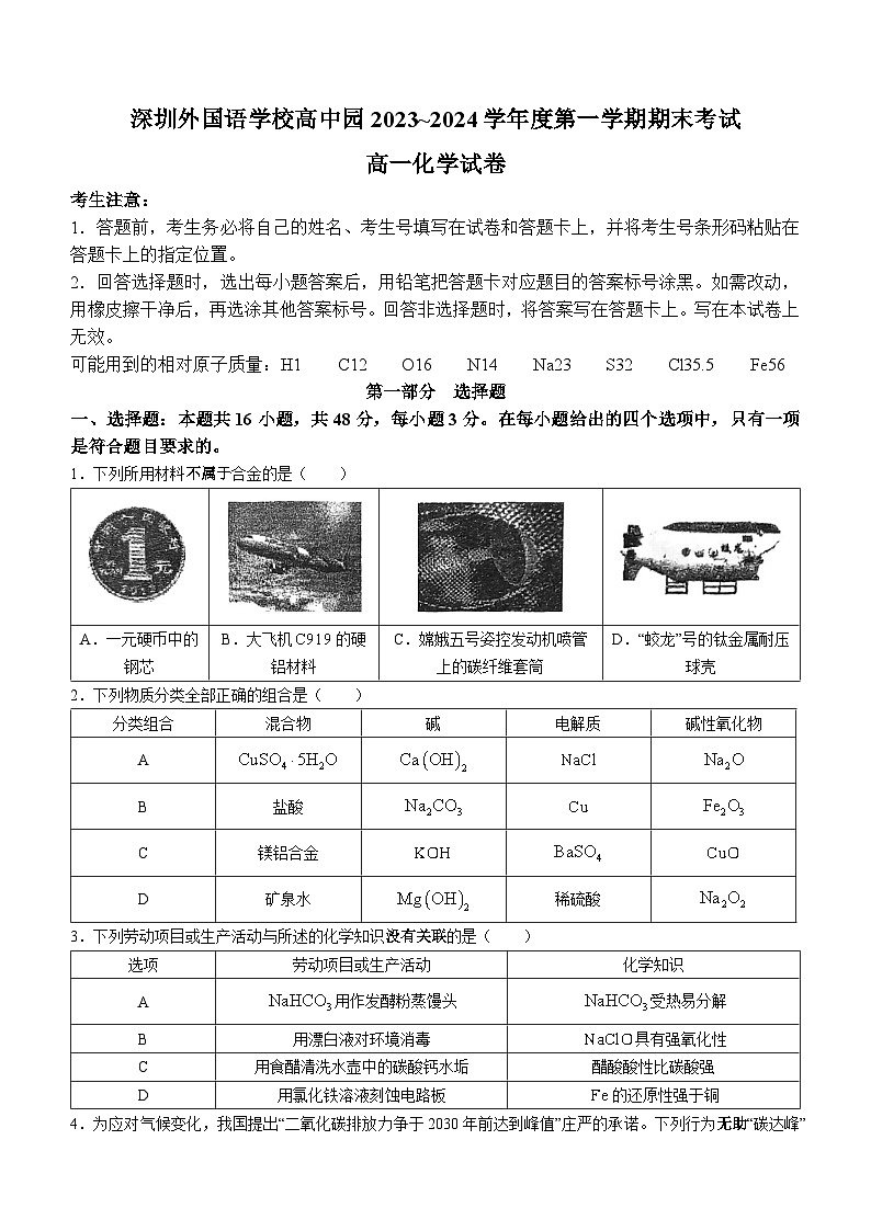 广东省深圳外国语学校高中园2023-2024学年高一上学期期末考试+化学试卷(无答案)第1页