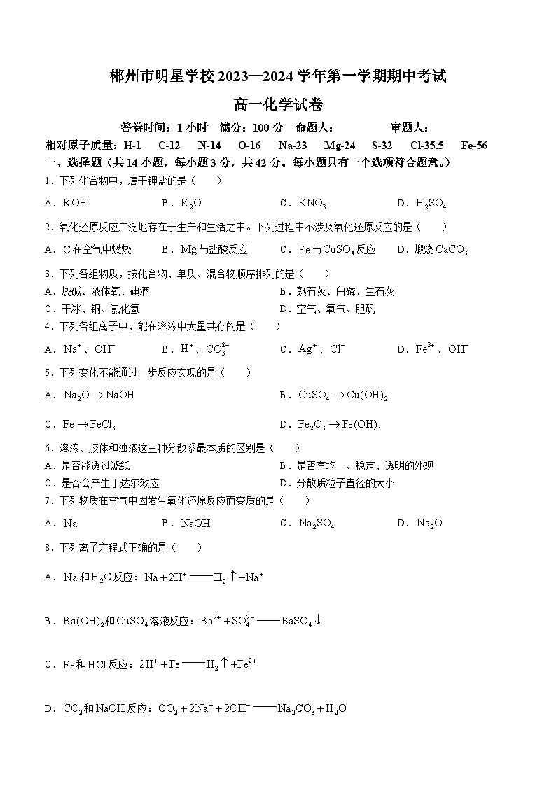 湖南省郴州市明星高级中学2023-2024学年高一上学期期中考试化学试题(无答案)第1页
