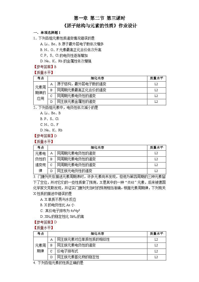 第一章 第二节 第3课时 元素周期律2-作业设计第1页