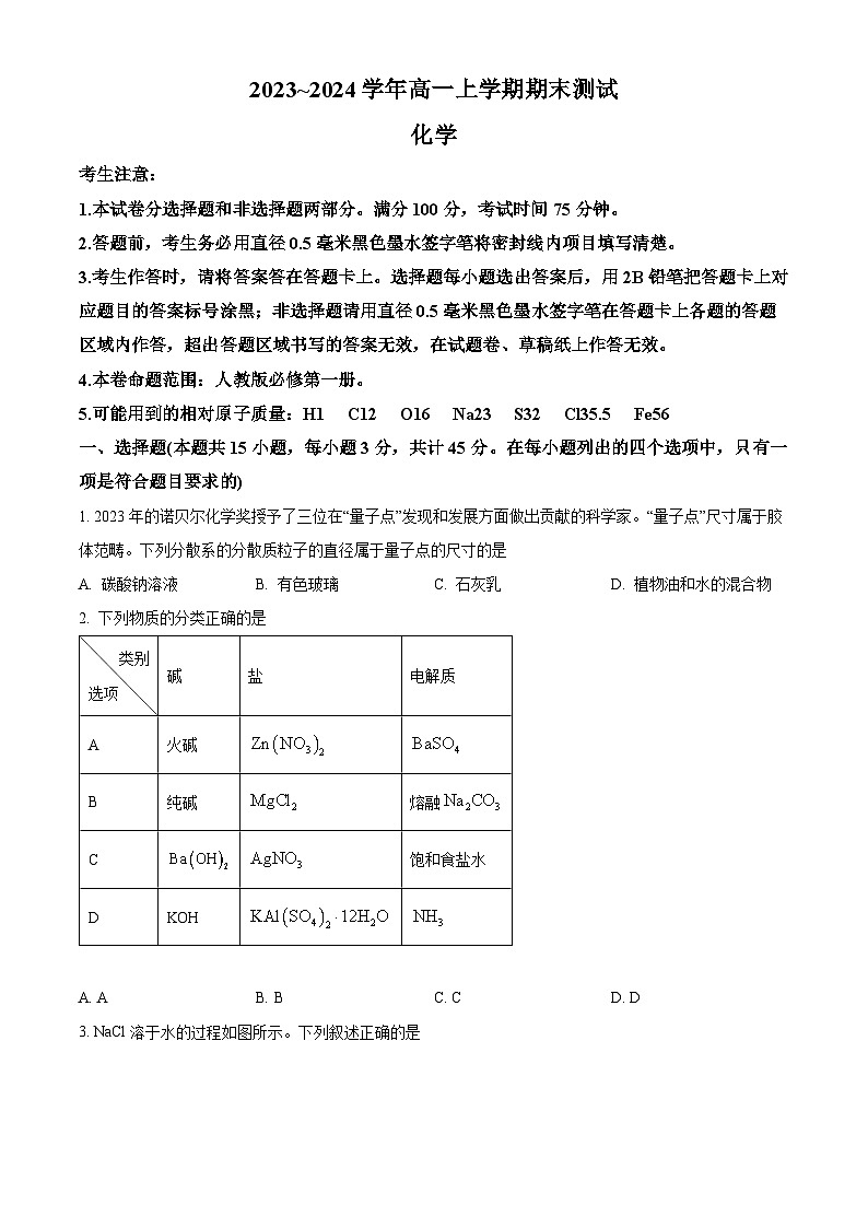 精品解析：山西省部分学校2023-2024学年高一上学期1月期末化学试题（原卷版）第1页