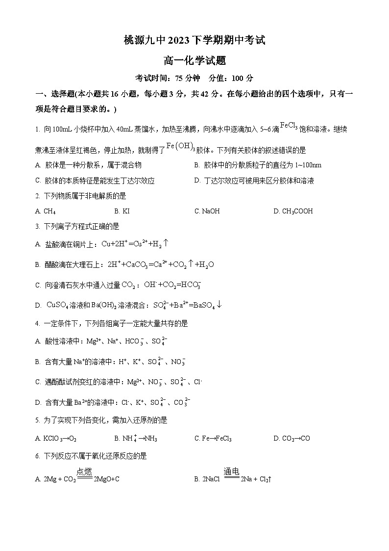 湖南省常德市桃源县第九中学2023-2024学年高一上学期11月期中化学试题（原卷版+解析版）01