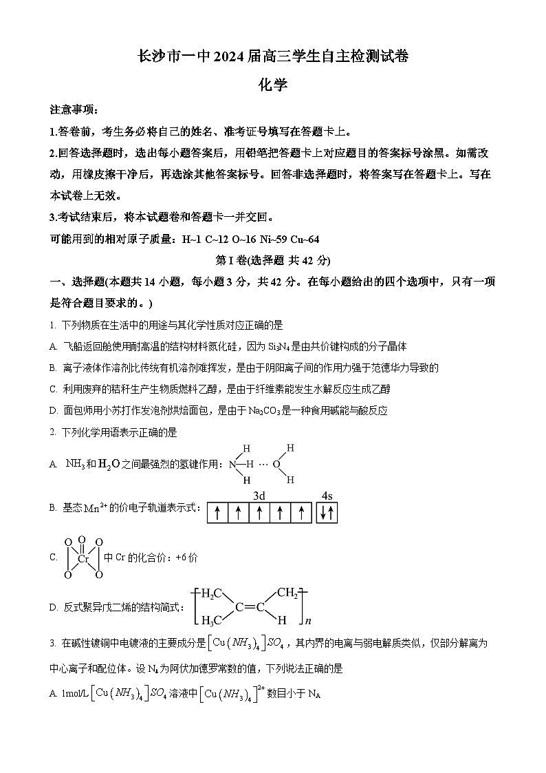 湖南省长沙市第一中学2023-2024学年高三下学期2月自主检测化学试题（原卷版）第1页