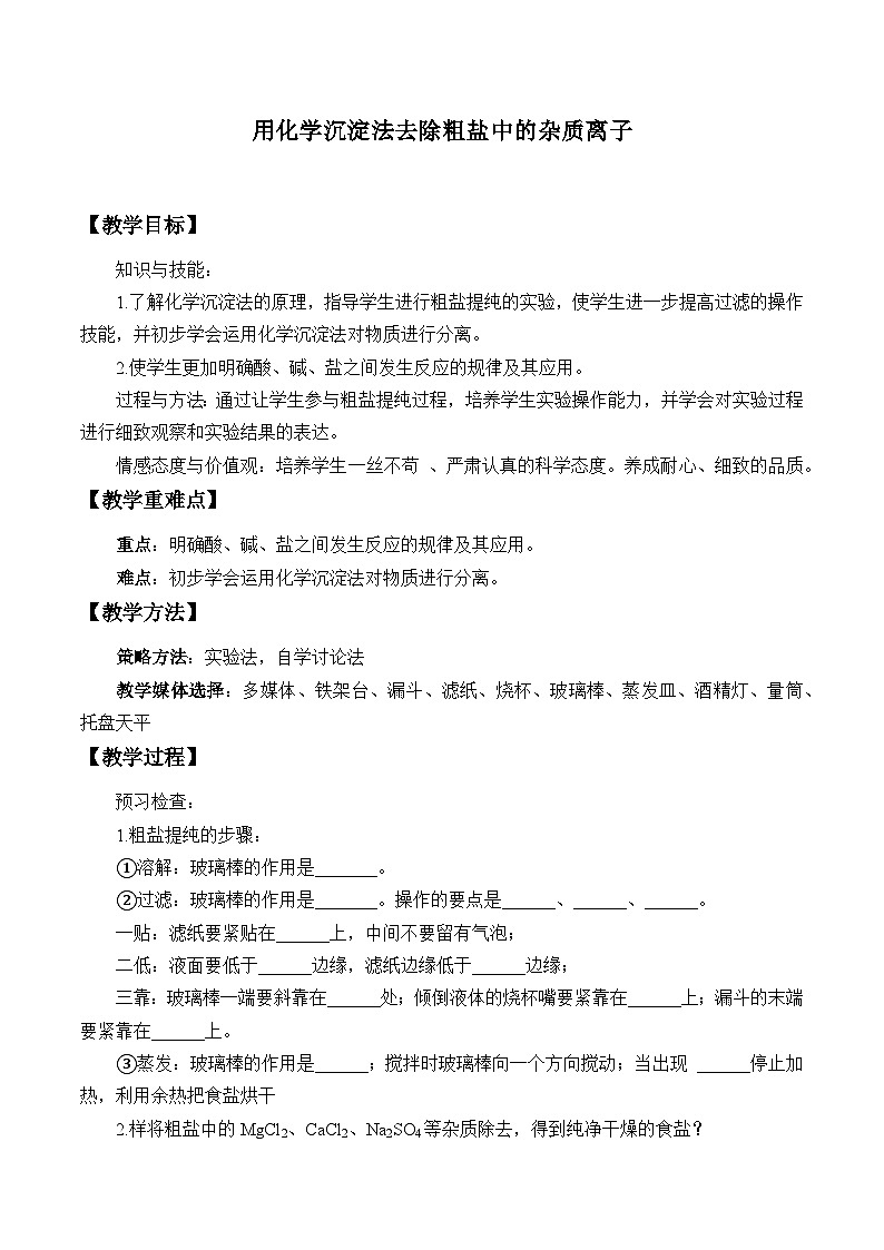 人教版化学必修二实验活动：用化学沉淀法去除粗盐中的杂质离子 教案01