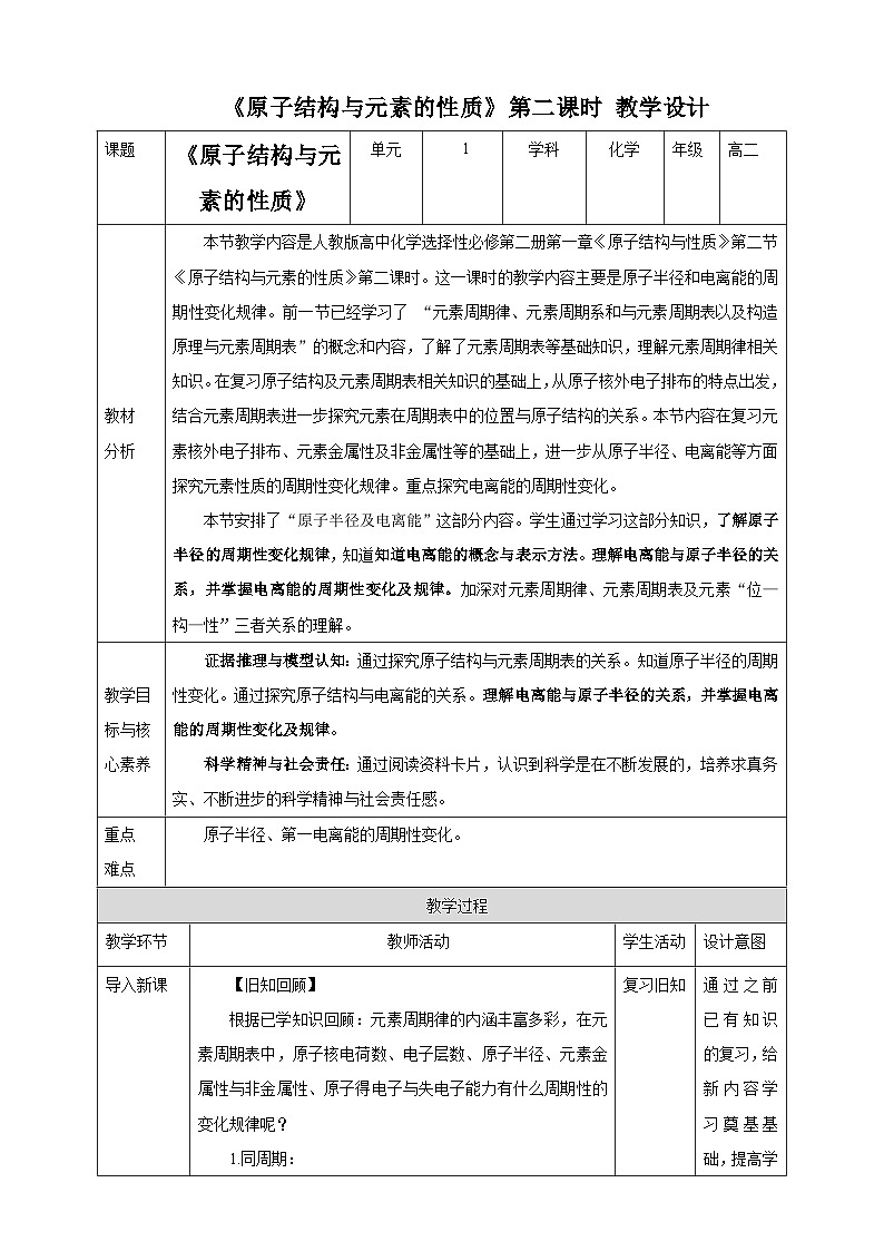 人教版化学选择性必修二1.2.2 原子结构与元素周期律 第二课时教案01