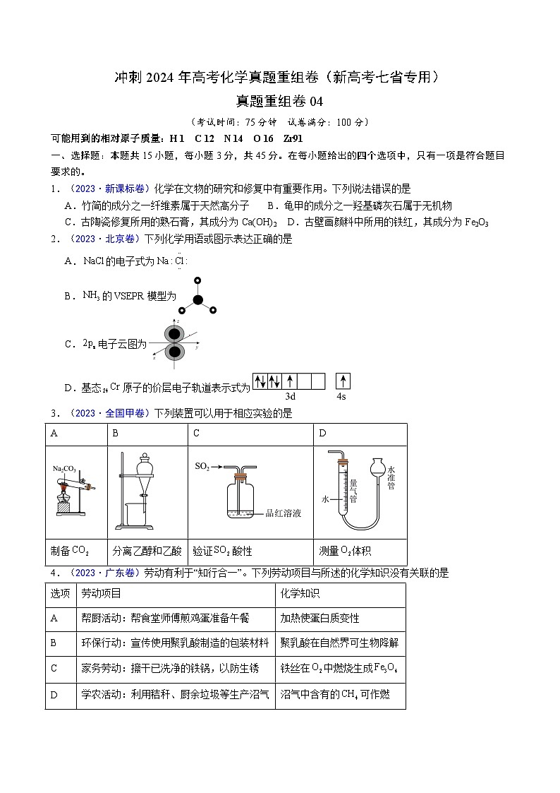冲刺2024年高考化学真题重组卷4（新高考七省专用）第1页