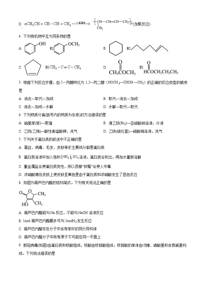 江苏省梅村高级中学空港分校2023-2024学年高二上学期11月期中化学试题（原卷版+解析版）02