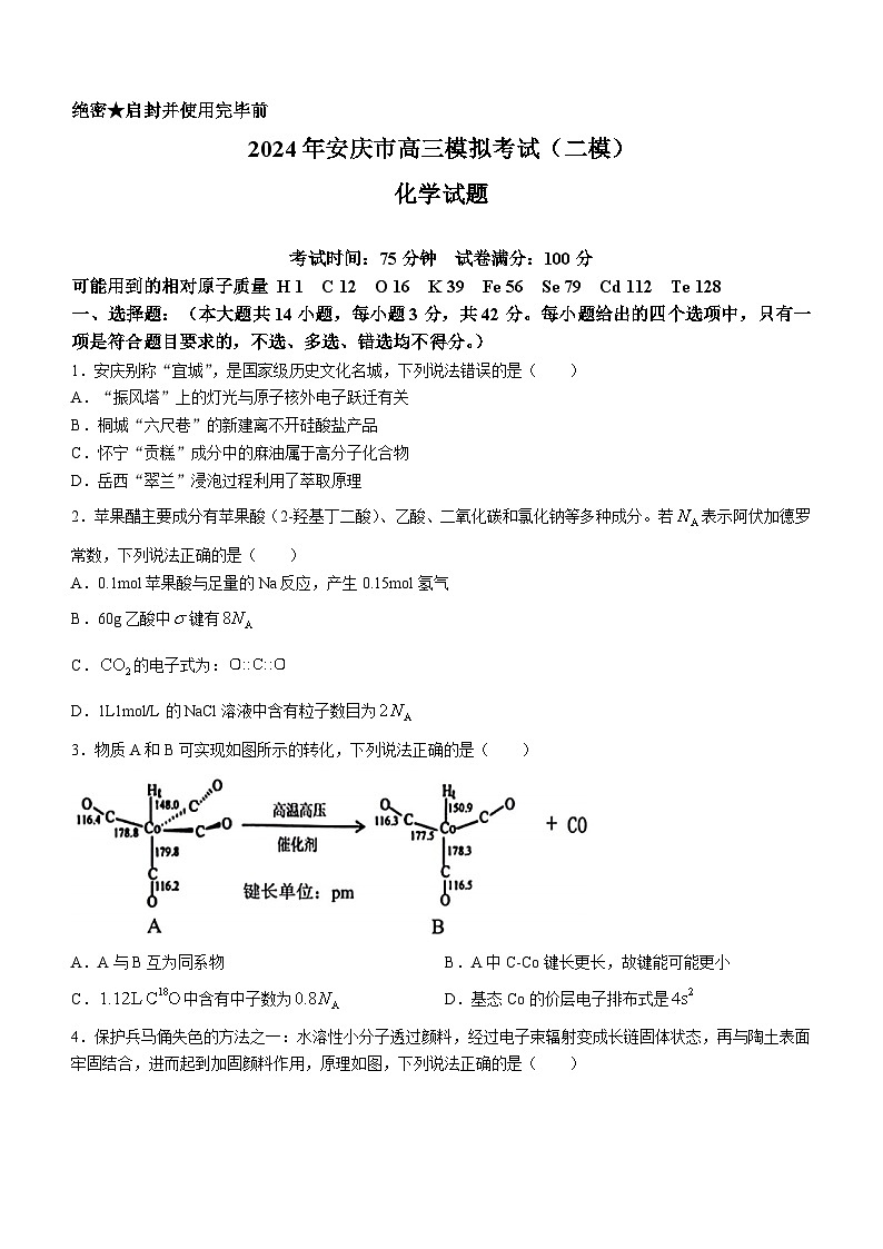 2024年安徽省安庆市高三下学期二模化学试题01