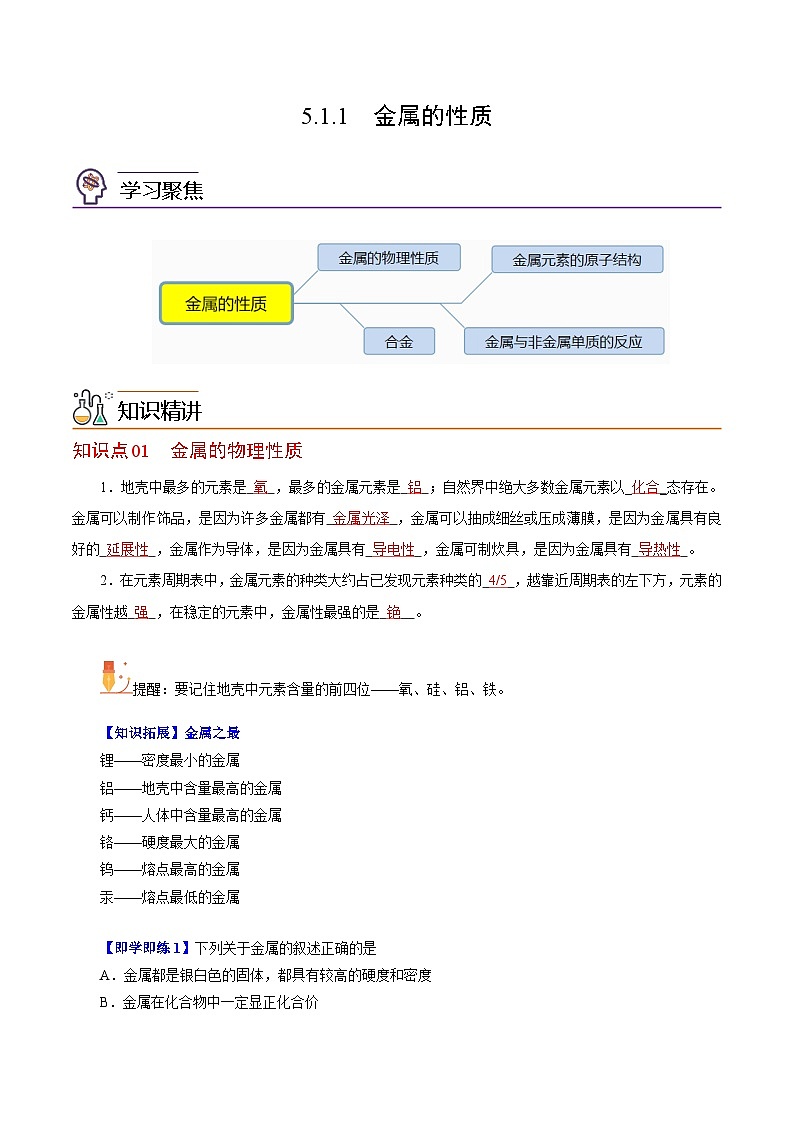 5.1.1  金属的性质（第1课时）-高一化学同步精品讲义（沪科版必修第二册）01