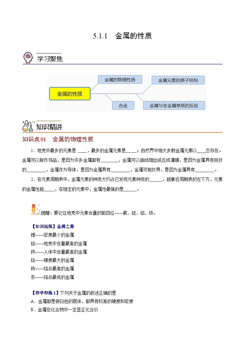 5.1.1  金属的性质（第1课时）-高一化学同步精品讲义（沪科版必修第二册）01