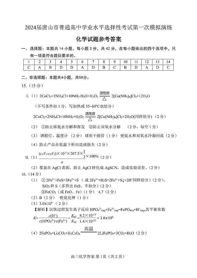 2024 届唐山市普通高中学业水平选择性考试第一次模拟演练（唐山一模）化学01