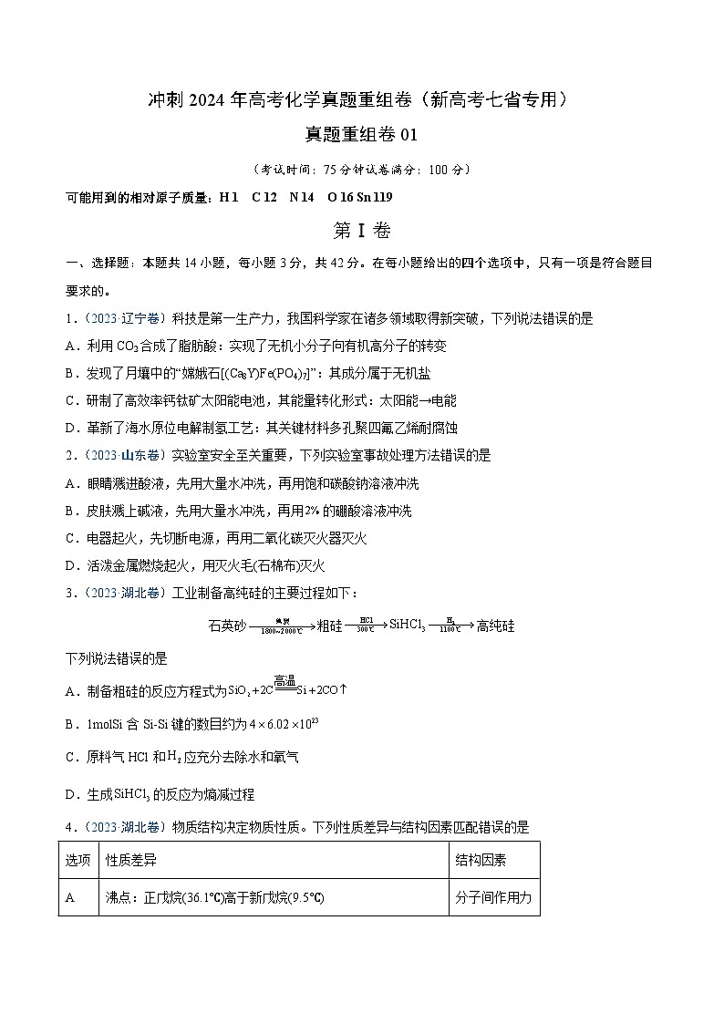 冲刺2024年高考化学真题重组卷1（新高考七省专用）（解析版）第1页