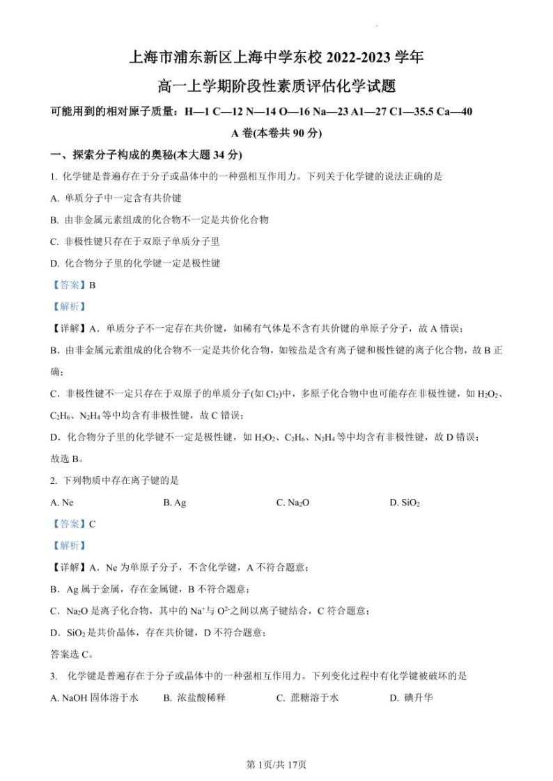 精品解析：上海市浦东新区上海中学东校2022-2023学年高一上学期第一次阶段性素质评估化学试题（解析版）01
