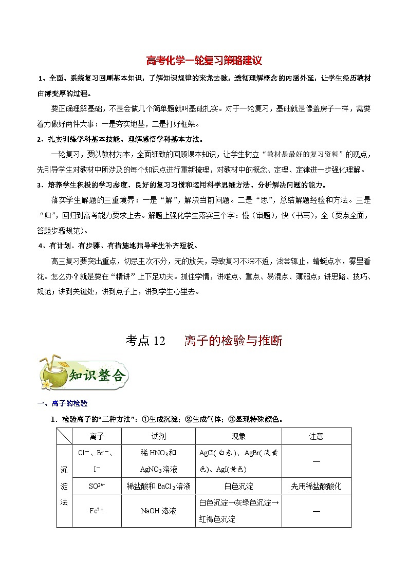 最新高考化学考点一遍过（讲义） 考点12 离子的检验与推断01