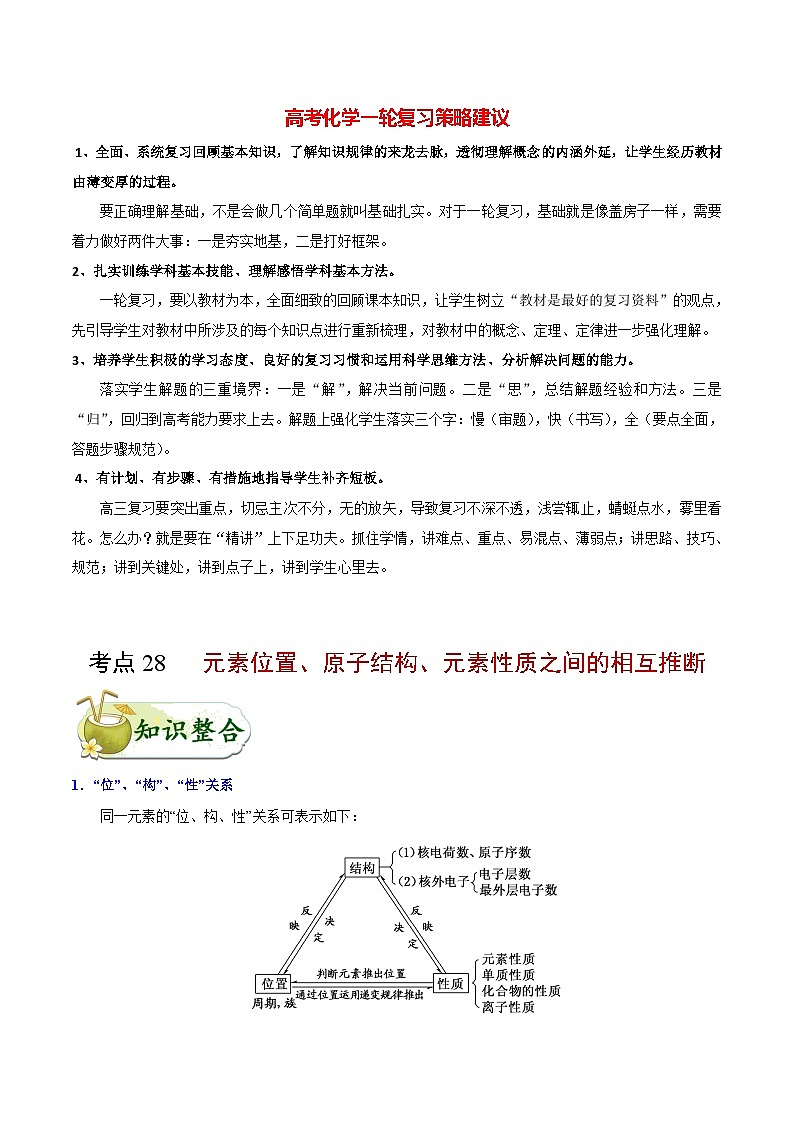最新高考化学考点一遍过（讲义） 考点28 元素位置、原子结构、元素性质之间的相互推断01