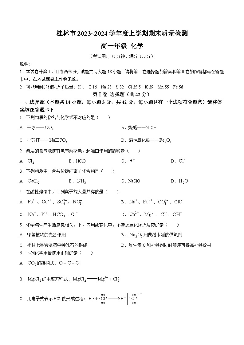 广西桂林市2023-2024学年高一上学期期末质量检测化学试题01