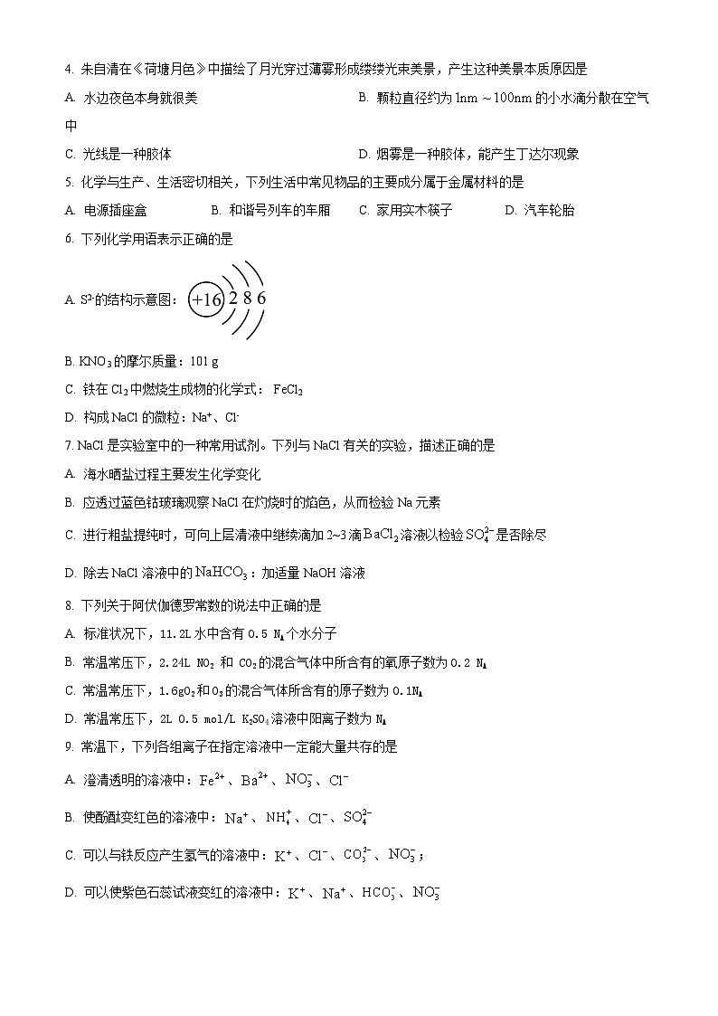 四川省眉山北外附属东坡外国语学校2023-2024学年高一下学期开学化学试题（原卷版+解析版）02