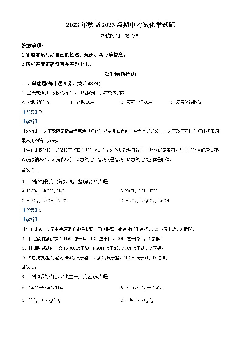 四川省广安市育才学校2023-2024学年高一上学期期中考试化学试题（原卷版+解析版）01