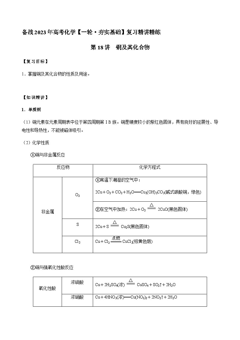 第18讲 铜及其化合物（解析版）-备战2023年高考化学【一轮·夯实基础】复习精讲精练第1页