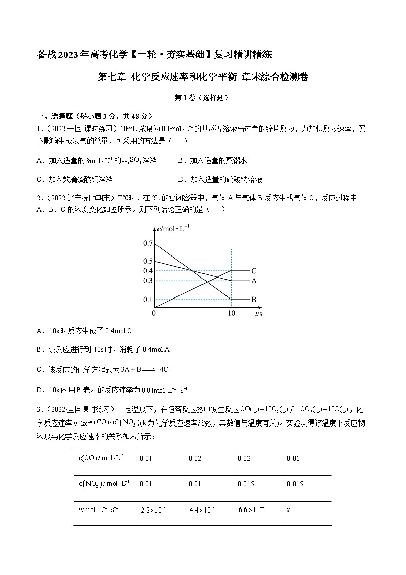 第七章 化学反应速率和化学平衡 章末综合检测卷（原卷版）-备战2023年高考化学【一轮·夯实基础】复习精讲精练售后微信 403032929第1页