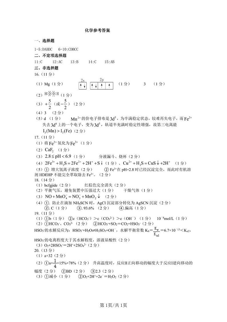 山东济宁一中2024年高二下学期开学考试化学试题01