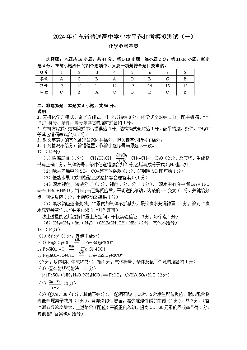 2024年广东一模【化学】评分细则第1页