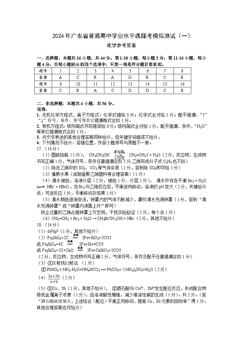 2024年广东一模【化学】评分细则第1页